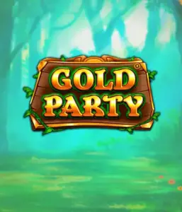 Enter the enchanted forest of Gold Party slot by Pragmatic Play, featuring a rustically styled wooden sign adorned with golden letters. The setting is a green forest adding a touch of enchantment to the game's theme. Perfect for players who love enchanted forest settings, promising a whimsical adventure. 